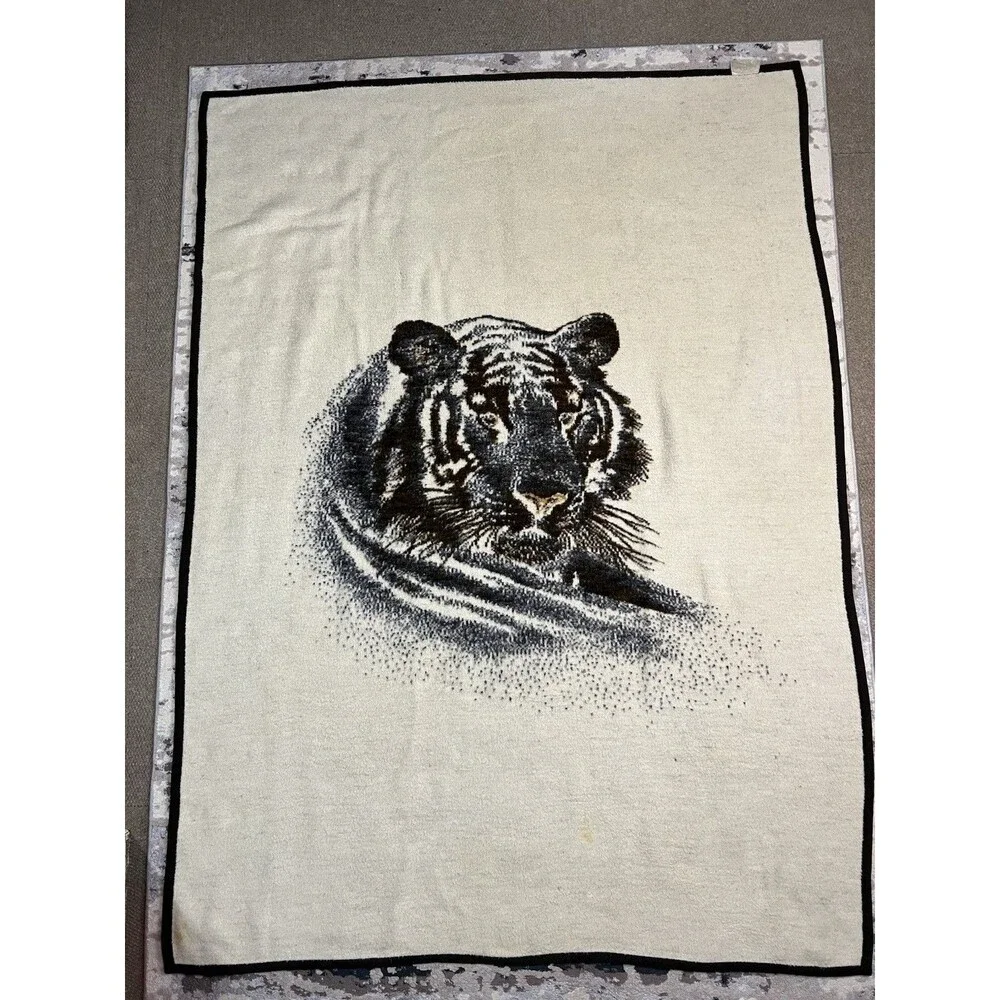 Vintage Biederlack Tiger Throw Blanket Brown Wild Animal Print Reversible 75x56